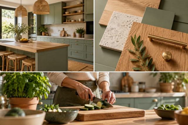 Associer le vert sauge en cuisine avec le bois, le plan et les poignées Associer le vert sauge en cuisine avec le bois, le plan et les poignées